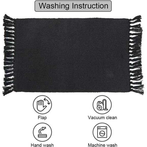 Black Kitchen Rug, Cotton Hand Woven Recycled Throw Rug Runner - Picture 4 of 8